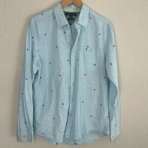 Tommy Hilfiger Blue Button Down Shirt Palm Trees Embroidered Men Vacation Preppy